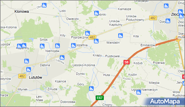 mapa Knapy gmina Lututów, Knapy gmina Lututów na mapie Targeo