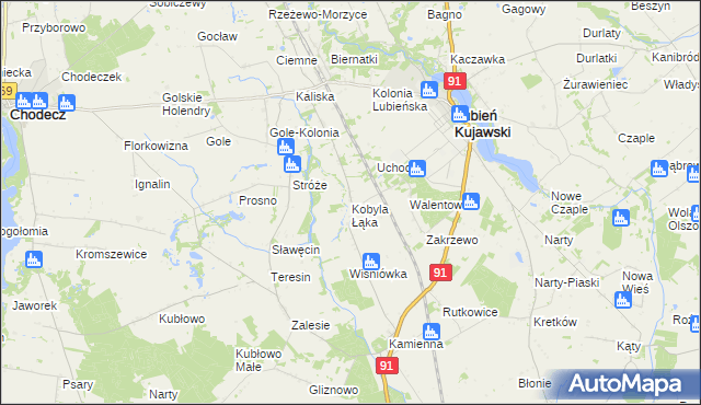 mapa Kobyla Łąka gmina Lubień Kujawski, Kobyla Łąka gmina Lubień Kujawski na mapie Targeo