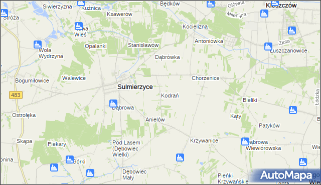 mapa Kodrań gmina Sulmierzyce, Kodrań gmina Sulmierzyce na mapie Targeo