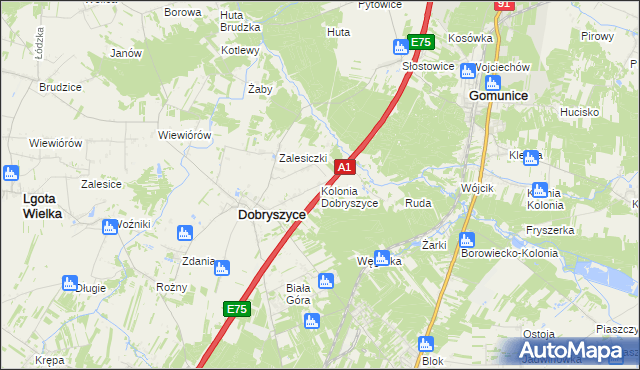 mapa Kolonia Dobryszyce, Kolonia Dobryszyce na mapie Targeo
