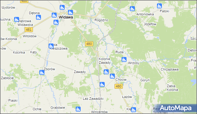 mapa Kolonia Zawady gmina Widawa, Kolonia Zawady gmina Widawa na mapie Targeo
