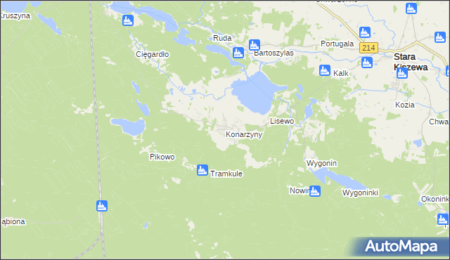 mapa Konarzyny gmina Stara Kiszewa, Konarzyny gmina Stara Kiszewa na mapie Targeo