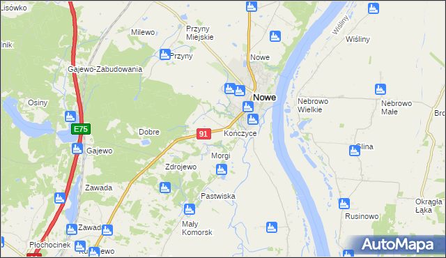 mapa Kończyce gmina Nowe, Kończyce gmina Nowe na mapie Targeo