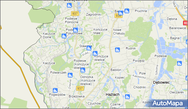 mapa Kończyce Wielkie, Kończyce Wielkie na mapie Targeo