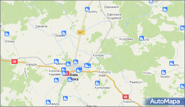 mapa Konopki gmina Biała Piska, Konopki gmina Biała Piska na mapie Targeo