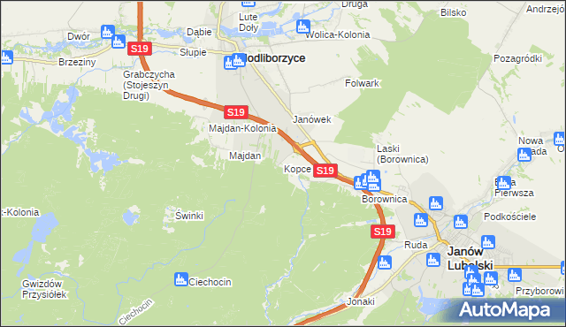 mapa Kopce gmina Janów Lubelski, Kopce gmina Janów Lubelski na mapie Targeo