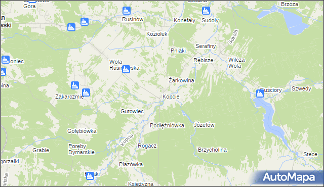 mapa Kopcie gmina Dzikowiec, Kopcie gmina Dzikowiec na mapie Targeo