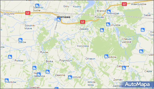 mapa Koryciska gmina Wieniawa, Koryciska gmina Wieniawa na mapie Targeo