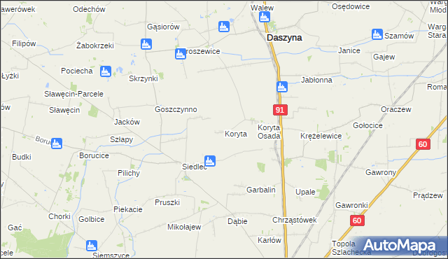 mapa Koryta gmina Daszyna, Koryta gmina Daszyna na mapie Targeo