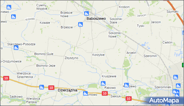 mapa Korzybie gmina Baboszewo, Korzybie gmina Baboszewo na mapie Targeo