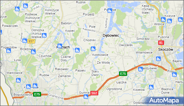 mapa Kostkowice gmina Dębowiec, Kostkowice gmina Dębowiec na mapie Targeo