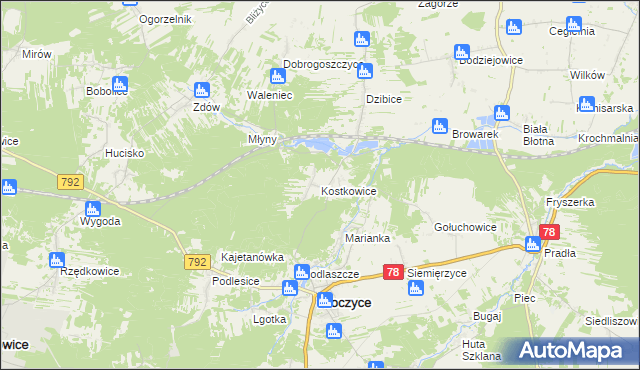mapa Kostkowice gmina Kroczyce, Kostkowice gmina Kroczyce na mapie Targeo