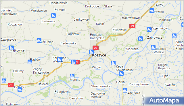 mapa Koszyce powiat proszowicki, Koszyce powiat proszowicki na mapie Targeo