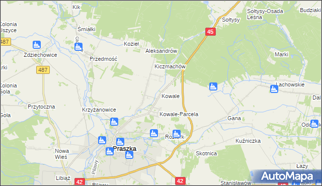 mapa Kowale gmina Praszka, Kowale gmina Praszka na mapie Targeo