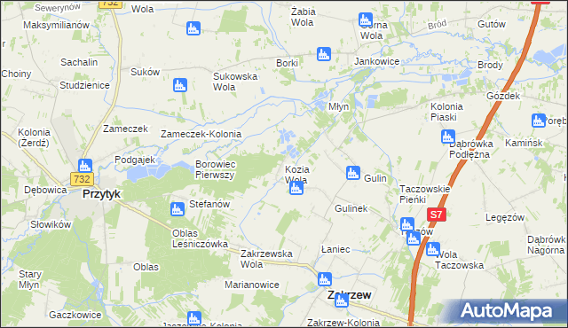 mapa Kozia Wola gmina Zakrzew, Kozia Wola gmina Zakrzew na mapie Targeo