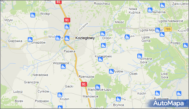 mapa Koziegłówki, Koziegłówki na mapie Targeo