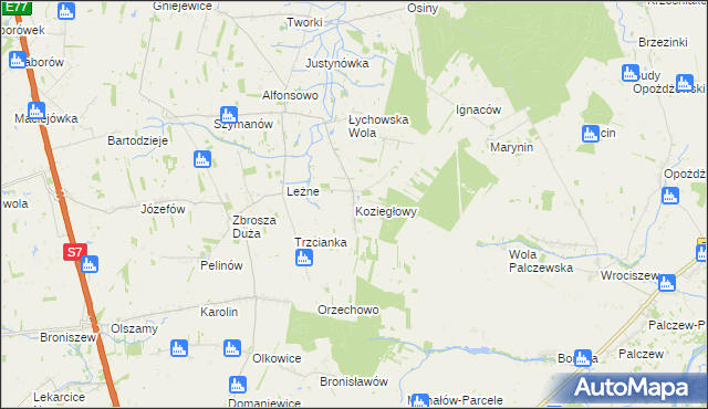 mapa Koziegłowy gmina Jasieniec, Koziegłowy gmina Jasieniec na mapie Targeo