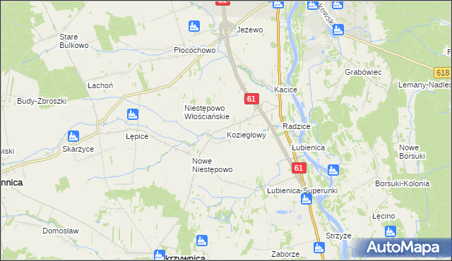 mapa Koziegłowy gmina Pokrzywnica, Koziegłowy gmina Pokrzywnica na mapie Targeo