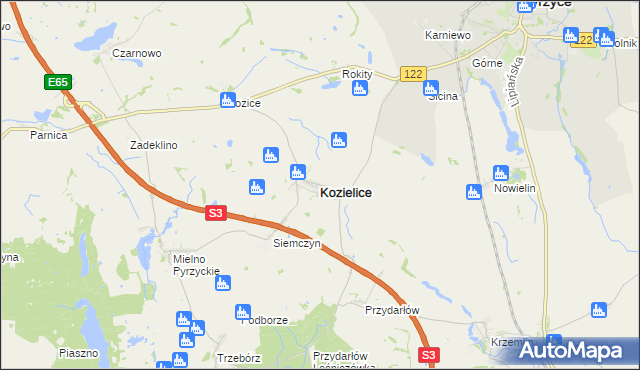 mapa Kozielice powiat pyrzycki, Kozielice powiat pyrzycki na mapie Targeo