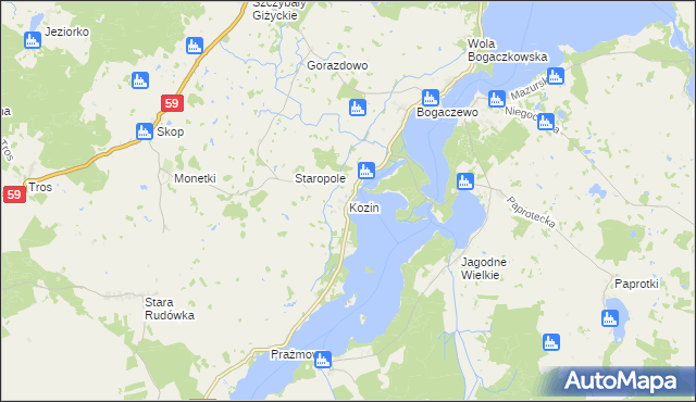 mapa Kozin gmina Giżycko, Kozin gmina Giżycko na mapie Targeo