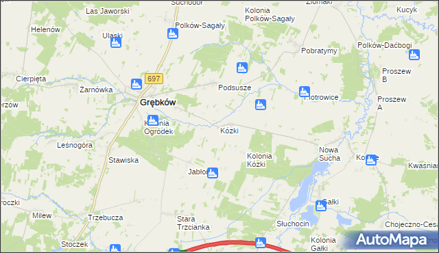mapa Kózki gmina Grębków, Kózki gmina Grębków na mapie Targeo