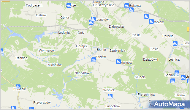 mapa Kozłów gmina Małogoszcz, Kozłów gmina Małogoszcz na mapie Targeo
