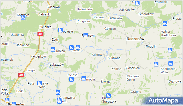 mapa Kozłów gmina Radzanów, Kozłów gmina Radzanów na mapie Targeo