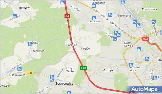 mapa Kozłów gmina Sośnicowice, Kozłów gmina Sośnicowice na mapie Targeo