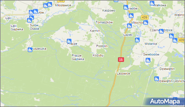 mapa Kozuby gmina Milicz, Kozuby gmina Milicz na mapie Targeo