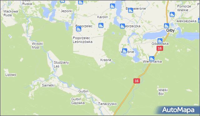mapa Krasne gmina Giby, Krasne gmina Giby na mapie Targeo