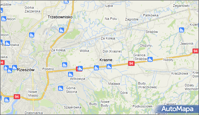 mapa Krasne powiat rzeszowski, Krasne powiat rzeszowski na mapie Targeo
