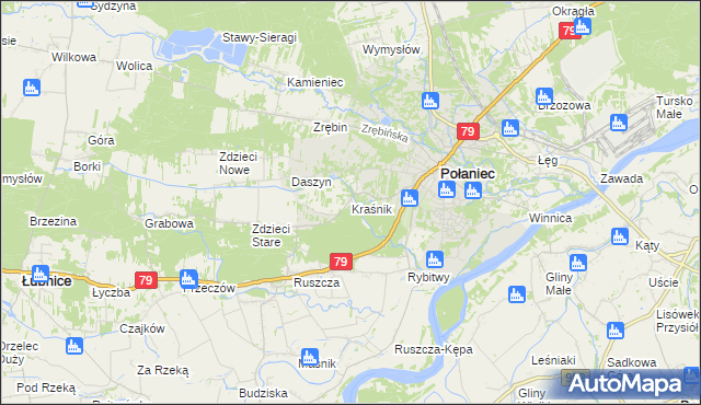 mapa Kraśnik gmina Połaniec, Kraśnik gmina Połaniec na mapie Targeo