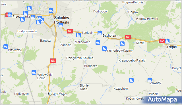 mapa Krasnodęby-Sypytki, Krasnodęby-Sypytki na mapie Targeo