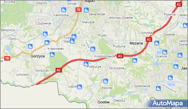 mapa Krostoszowice, Krostoszowice na mapie Targeo