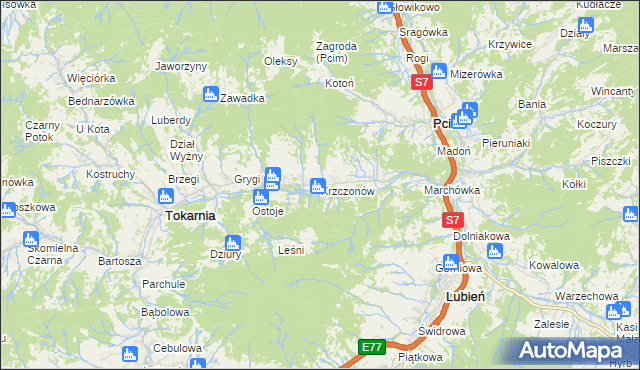 mapa Krzczonów gmina Tokarnia, Krzczonów gmina Tokarnia na mapie Targeo