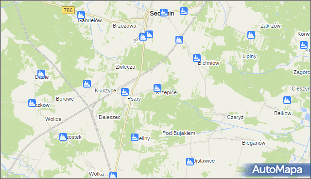 mapa Krzepice gmina Secemin, Krzepice gmina Secemin na mapie Targeo