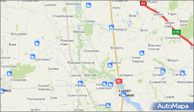 mapa Krzewie gmina Lubień Kujawski, Krzewie gmina Lubień Kujawski na mapie Targeo