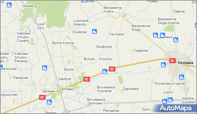 mapa Krzykosy gmina Kłodawa, Krzykosy gmina Kłodawa na mapie Targeo