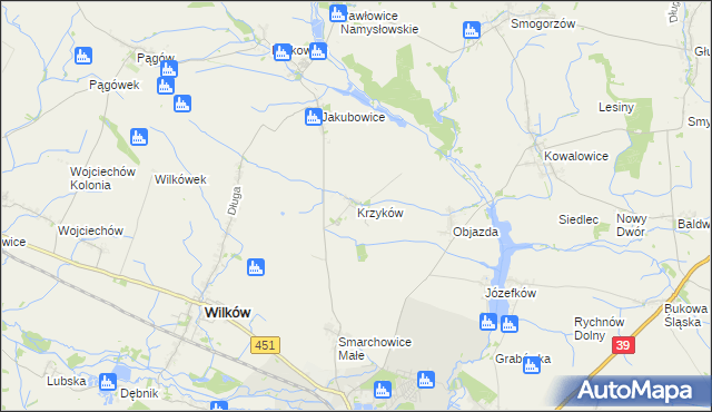 mapa Krzyków gmina Wilków, Krzyków gmina Wilków na mapie Targeo