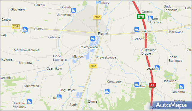 mapa Krzyszkowice gmina Piątek, Krzyszkowice gmina Piątek na mapie Targeo