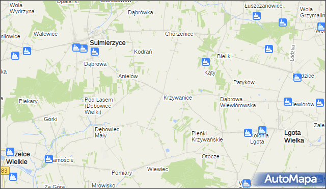 mapa Krzywanice gmina Lgota Wielka, Krzywanice gmina Lgota Wielka na mapie Targeo