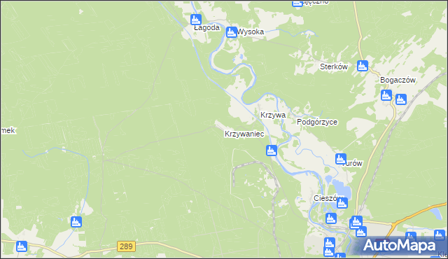 mapa Krzywaniec gmina Nowogród Bobrzański, Krzywaniec gmina Nowogród Bobrzański na mapie Targeo