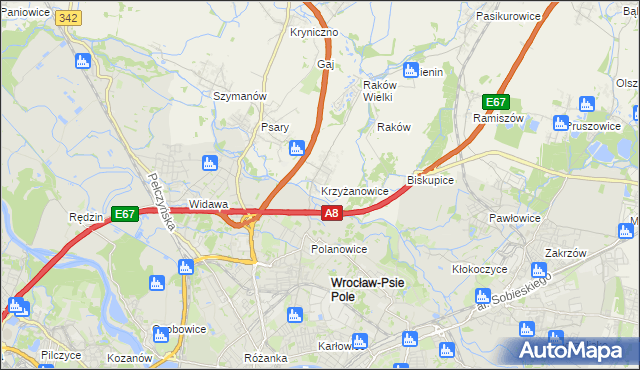 mapa Krzyżanowice gmina Wisznia Mała, Krzyżanowice gmina Wisznia Mała na mapie Targeo