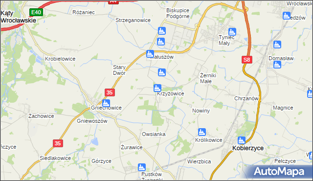 mapa Krzyżowice gmina Kobierzyce, Krzyżowice gmina Kobierzyce na mapie Targeo