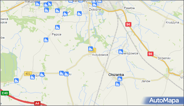 mapa Krzyżowice gmina Olszanka, Krzyżowice gmina Olszanka na mapie Targeo