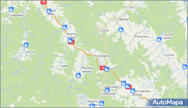 mapa Krzyżówka gmina Łabowa, Krzyżówka gmina Łabowa na mapie Targeo