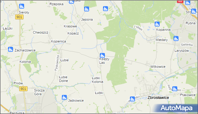 mapa Księży Las gmina Zbrosławice, Księży Las gmina Zbrosławice na mapie Targeo