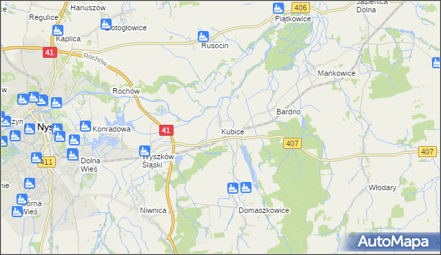 mapa Kubice gmina Nysa, Kubice gmina Nysa na mapie Targeo