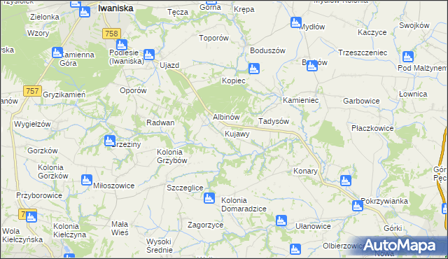 mapa Kujawy gmina Iwaniska, Kujawy gmina Iwaniska na mapie Targeo