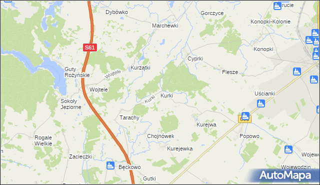 mapa Kurki gmina Grajewo, Kurki gmina Grajewo na mapie Targeo